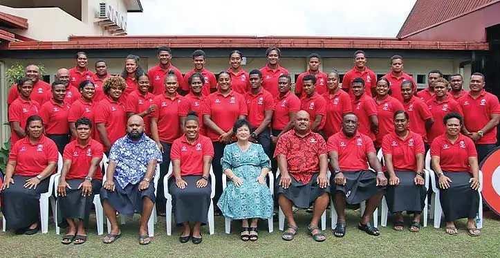 Sitting (from left) Vela Naucukidi, Rusila Nagasau, Fiji Rugby Union interim administrator Simione Valenitabua, Sereima Leweniqila (captain), FRU board member Jenny Seeto, Vodafone Fiji sponsorship manager Adriu Vakarau, Inoke Male (head coach), Bitila Tawake, Tavaita Rowati and members of the Vodafone Fijiana XVs squad in Suva on October 3, 2023. Photo: FRU Media