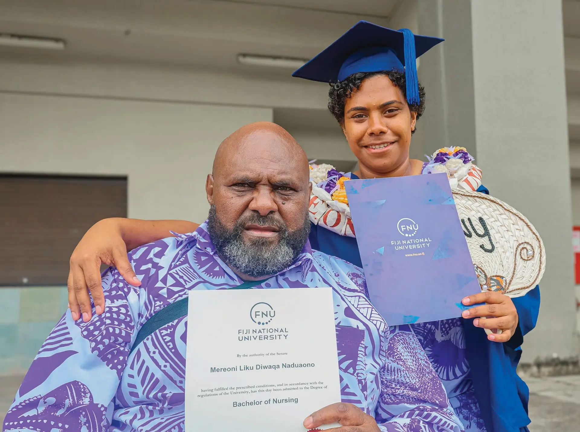 Samuela Naduaono (father) with graduate Mereoni Naduaono after the Fiji National University College of Medicine, Nursing and Health Sciences (CMNHS) graduation at the Vodafone Arena on the December 11, 2025.