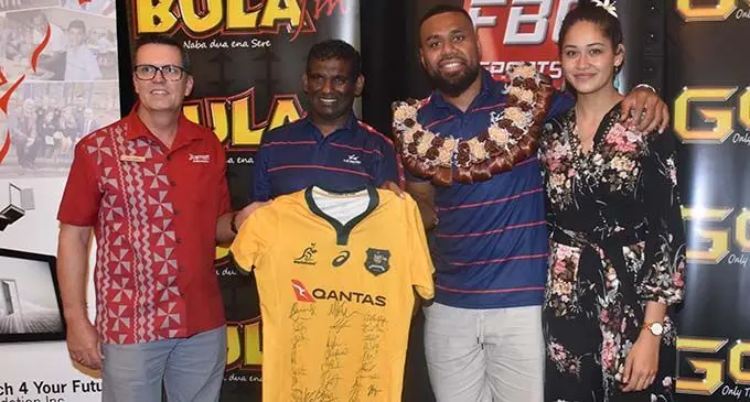From left: Marriott Fiji executive assistant manager sales and marketing Leon Thompson, Reach 4 Your Foundation founder Ganeshwar Sen, Wallabies vice-captain Samu Kerevi with partner Anivah Sesega at the Sheraton Fiji Resort on November 16, 2019.  Photo: Waisea Nasokia