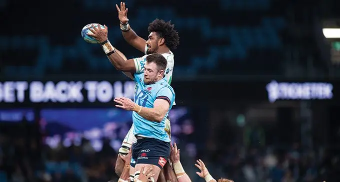Swire Shipping Fijian Drua lock Isoa Nasilasila wins a lineout tussle against Waratahs Hugh Sinclair during the Shop N Save Super Rugby Pacific clash in Sydney on May 20, 2023. Photo: Leon Lord