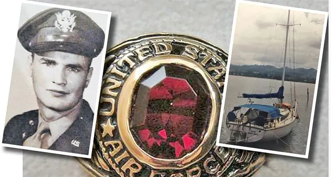 Bob Amos’ World War II ring. INSET: Bob Amos (top left) and his yacht (top right).