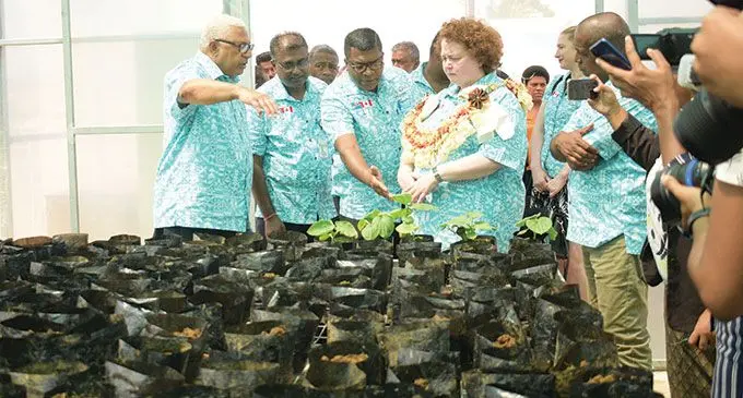 From left Prime Minister Voreqe Bainimarama, Head of Agriculture Research Shalendra Prasad, Minister for Agriculture Mahendra Reddy and High Commissioner of Canada to Fiji, Joanne Lemay during the nursery opening at Koronivia Research Station on April 13, 2022. Photo: Ronald Kumar