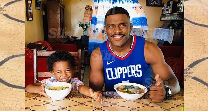 Fiji Airways Flying Fijians winger Jiuta Wainiqolo having vegetable soup at his home in Suva on April 25, 2020 . Photo: Simione Haravanua