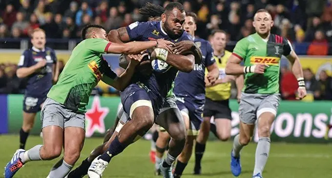 Fiji Airways Flying Fijians and Clermont loose forward Peceli Yato bursts through the Harlequins defence during the Champions Cup clash Stade Marcel-Michelin in France on November 16, 2019. Photo: Planet Rugby