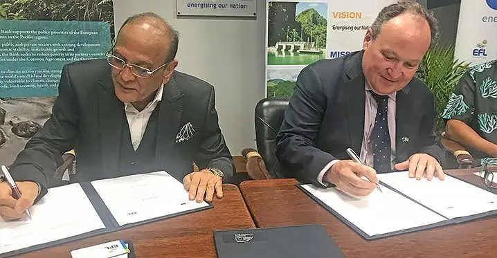 Energy Fiji Limited chief executive officer Hasmukh Patel (left), with European Investment Bank vice-president Ambroise Fayolle during the signing of a letter of intent on February 3, 2023. Photo: Nacanieli Tuilevuka