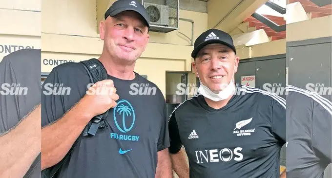 Flying Fijian head coach Vern Cotter (left), with New Zealand 7s men’s coach Clark Laidlaw at the Churchill Park, Lautoka, on March 18, 2022. Photo: Waisea Nasokia
