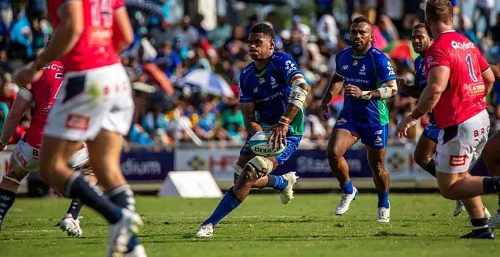Swire Shippin Fijian Drua openside flanker Kitione Salawa against the Rebels on April 1, 2023. Photo: Leon Lord