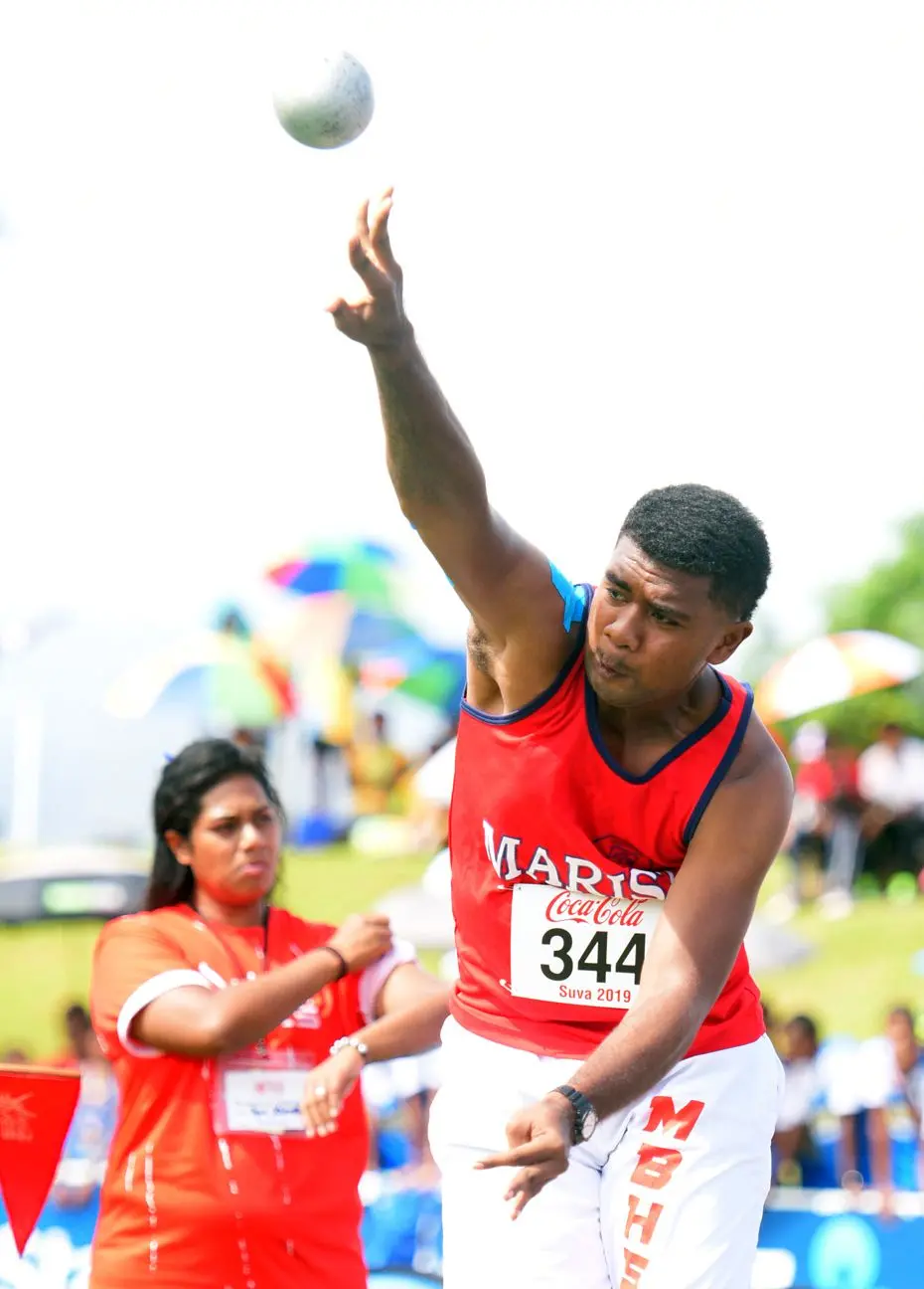 Josefa Vucago of Marist High during  Coca-Games senior boys shot put final at ANZ Stadium on Ap[roil 16, 2019. Photo: Ronald Kumar.