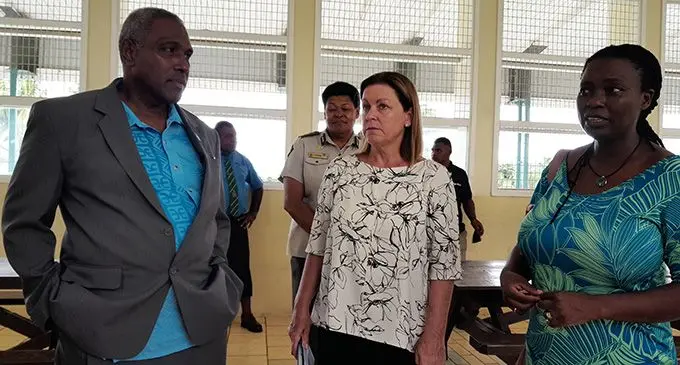 Attorney-General and Minister for Justice Siromi Turaga with UNDP Pacific Office Team Leader Effective Governance Revai Makanje Aalbaek and Resident Representative Dawn Del Rio taking a tour at the Nasinu Corrections Centre on April 21, 2023. Photo: Wati Talebula-Nuku.