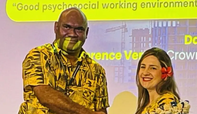 Fiji National University (FNU) Technical and Vocational Education and Training (TVET) Pasifika and National Training and Productivity Centre (NTPC) pro-vice-chancellor Isimeli Tagicakiverata with the Australian Institute of Health and Safety board of directors chair Celia Antonovsky at the 2026 Fiji Occupational Health and Safety Conference in Nadi. Photo: Katherine Naidu.