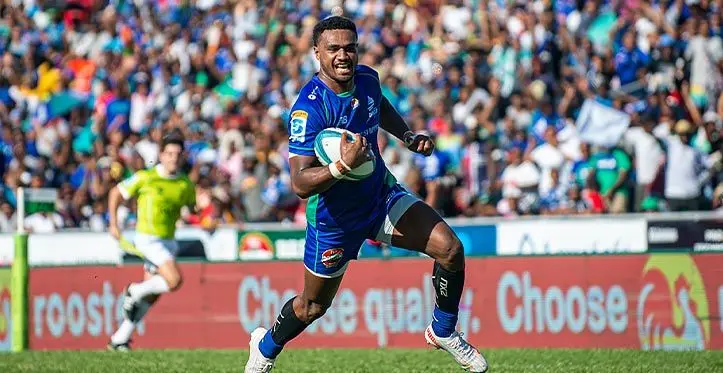 Swire Shipping Fijian Drua players centre Iosefo Masi runs in to score the first try against Crusaders on March 11, 2023. Photo: Leon Lord