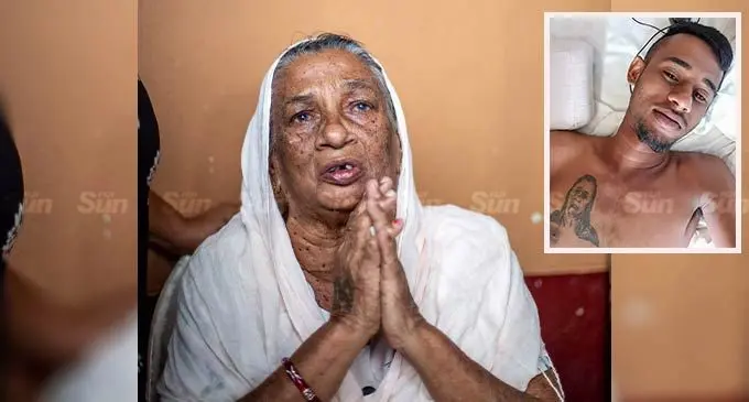 86-year-old Kamla Wati. Photo: Leon Lord. Inset: Deceased... Shidhart Nikhil Ram. He had a portrait tattoo of his grandmother on his  chest (pictured).