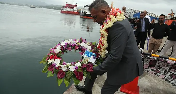 Minister for Transport Faiyaz Koya places a wreath to remember fallen seafarers during the International Day of the Seafarers in Suva on June 25, 2020. Photo: Lusiana Tuimaisala 