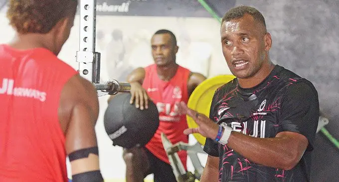 Swire Shipping Fiji men’s rugby sevens head coach Osea Kolinisau stresses a point to the players during training at the HPU Gym in Suva on March 27, 2024. Photo: Ronald Kumar