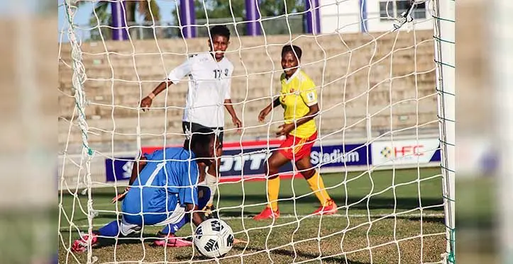 Fiji's Kasanita Tabua (17) scores the team's first goal against Papua New Guinea during the OFC U-19 Women's championship Group B match at the HFC Bank Stadium on June 28, 2023. Photo: Josua Buredua