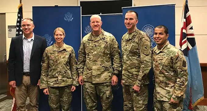From left- Maj. James Lax, Maj. Eria Davis, Maj. Gen. John Johnson, Pt. Ryan Bruan and SSG. Reaven Miranda at US Embassy in Suva on April, 2019. Photo: Ilaitia Ravuwai.