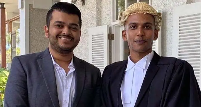 Yovin Naidu (right) with his friend Avikesh Narayan following his admission to the Bar by Acting Chief Justice Kamal Kumar at the Grand Pacific Hotel in Suva on August 7, 2020.