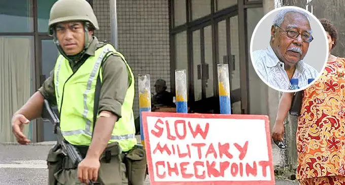A soldier at the checkpoint during the Military coup on December 5, 2006. Inset: Jioji Kotobalavu