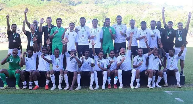 Digicel national football players, coaches and management at the medal podium in Korman Stadium in Port Vila, Vanuatu on September 29, 2022. Photo: MSG