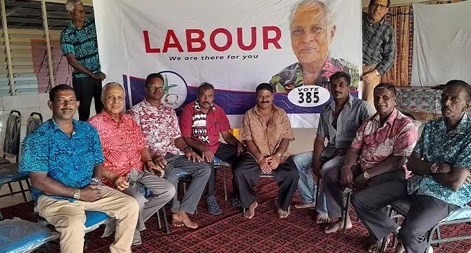 Fiji Labour Party leader, Mahendra Chaudhry (sitting second from left) with sugarcane farmers from Seaqaqa and party members and supporters during a recent campaign pocket meeting. Photo: Sampras Anand