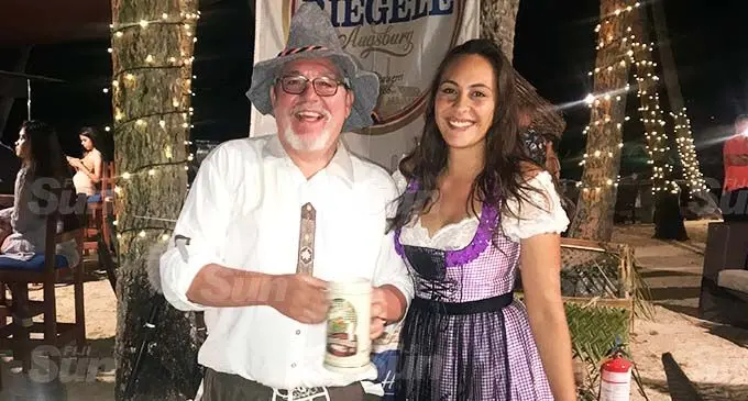 Shangri-La’s Fijian Resort and Spa executive chef, Rudolf Kunkel and his daughter Tatiana Kunkel enjoying the Beach Beats and Eats Oktoberfest at the Shangri La’s Fijian Resort and Spa on September 26, 2020. Photo: Maraia Vula