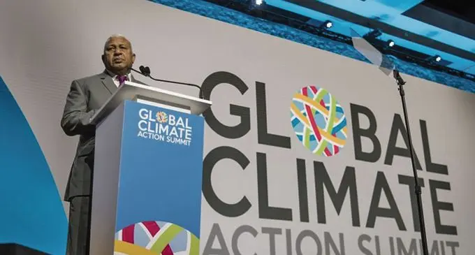 Prime Minister Voreqe Bainimarama, speaks during the Global Climate Action Summit in San Francisco, California, U.S., on Thursday, September 13, 2018. The event brings together industry and political leaders working on improving the conditions and concerns facing climate in the world today. Photo: David Paul Morris/Bloomberg