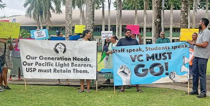Staff and students of the University of the South Pacific, Laucala Campus, during their protest outside Vice Chancellor’s office on May 21, 2025 Photo: Ronald Kumar