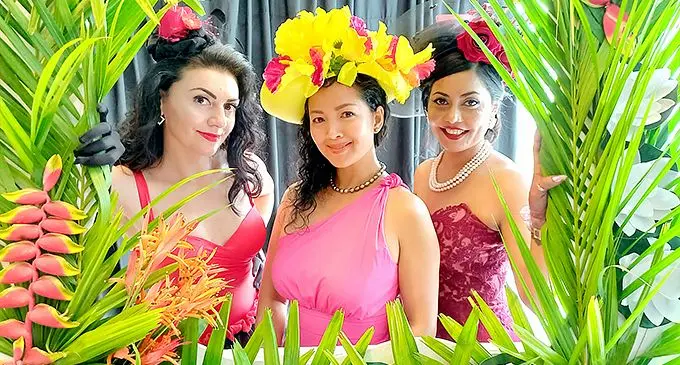 Inna Kostromina (left), Judy Harm Nam and Ashiana Ali were some of the many guests who turned up at the Grand Pacific Hotel in Suva on November 1, 2022, to showcase their special Melbourne Cup hats. Ms Ali went on to win the best hat competition. Gold Trip won the Cup, with Emissary taking second place, and High Emocean coming third. Photo: Ronald Kumar