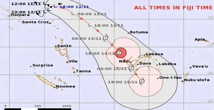 Tropical cyclone forecast track map as at 8:04pm on November 12, 2023, from the RSMC tropical cyclone warning centre in Nadi .