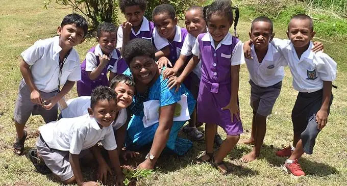 Ulamila Lagivalu with students of Vunayasi District School in Dratabu, Nadi, on March 1, 2019. Photo: Waisea Nasokia