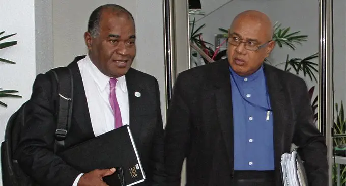 Member of opposition Niko Naweikula and Semesa Karavaki opn their way to the cabinet meeting on April 20,2018.Photo:Simione Haravanua.