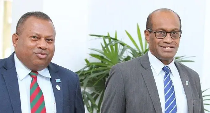 From left: Minister for Agriculture, Rural and Maritime Development, National Disaster Management and Meteorological Services Inia Seruiratu, with the Minister for Employment, Productivity and Industrial Relations Jone Usamate outside Parliament on March 12, 2018. Photo: Parliament of Fiji