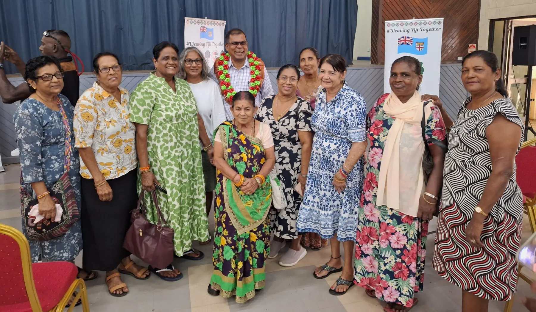 National Federation Party (NFP) leader Biman Prasad (in garland) with the participants at the NFP Nadi Branch Annual General Meeting at the Nadi Civic Centre. 