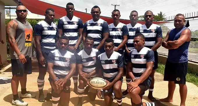 Kelland Rugby Club in their new jumper during the hand over in Nadi yesterday. Photo: WAISEA NASOKIA