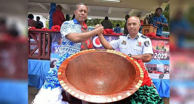RFMF Commander Major-General Ro Jone Kalouniwai accepts the challenge from Acting Police Commissioner Juki Fong Chew, during the launch at the Police Academy Nasova ground in Suva on November 3, 2023. Photo: Ronald Kumar
