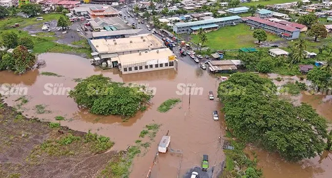 An aerial veiw of Tavua town as the Nasivi River broke its banks on February 8 2022. Photo: Leon Lord