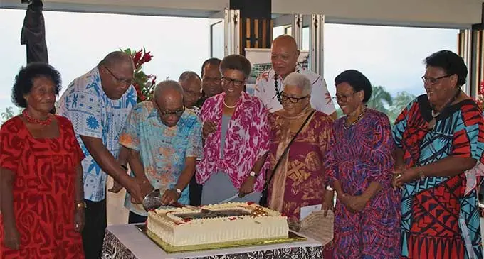 President Ratu Wiliame Katonivere with retired health workers of the Colonial War Memorial Hospital during the cake cutting ceremony of the cocktail hosted by the President at the State House to commemorate the 100-year anniversary of the CWM Hospital. Photo: Wasima Farhat