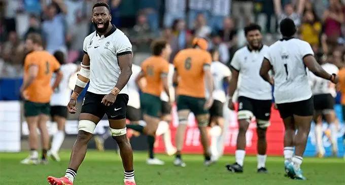 Flying Fijian Lekima Tagitagivalu looks on after their Rugby World Cup 22 - 15 win over Australia.