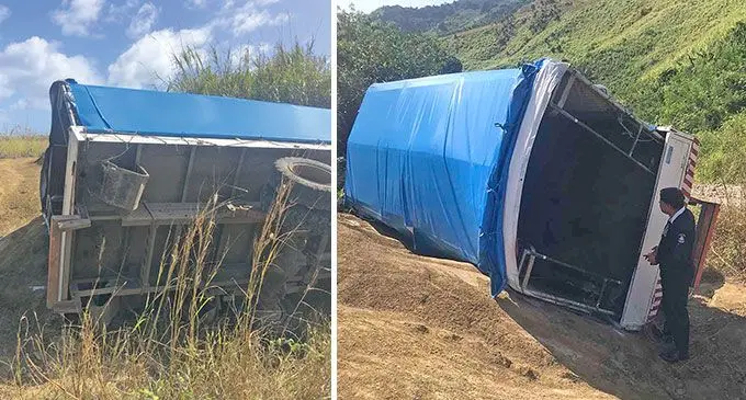 Carrier tumbled near a hill at the Delaivaturua point near Daliconi Village on Monday afternoon. Photos: Vanuabalavu Police