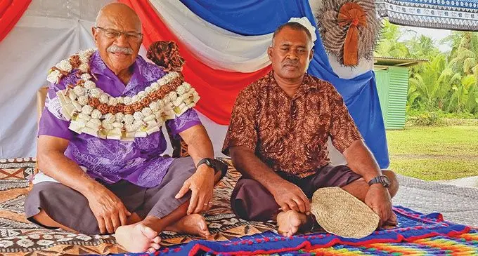 Prime Minister, Sitiveni Rabuka with Tui Vaturova, Ratu Emosi Veidra, during the visit of the Government delegation to Korotasere Village on May 10, 2023. Photo: Sampras Anand