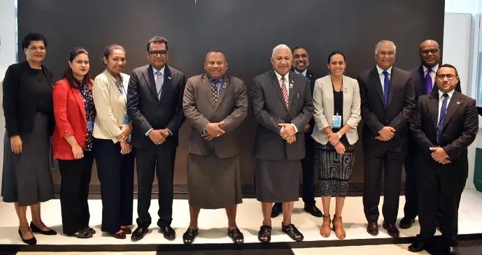 Permanent Secretary for the Office of the Prime Minister Yogesh Karan ( fourth from left), Minister for Defence, National Security and Foreign Affairs Inia Seruiratu (fifth from left), Prime Minister Voreqe Bainimarama (sixth from left), with part of the Fijian delegation in New York. Photo: PM’s Office