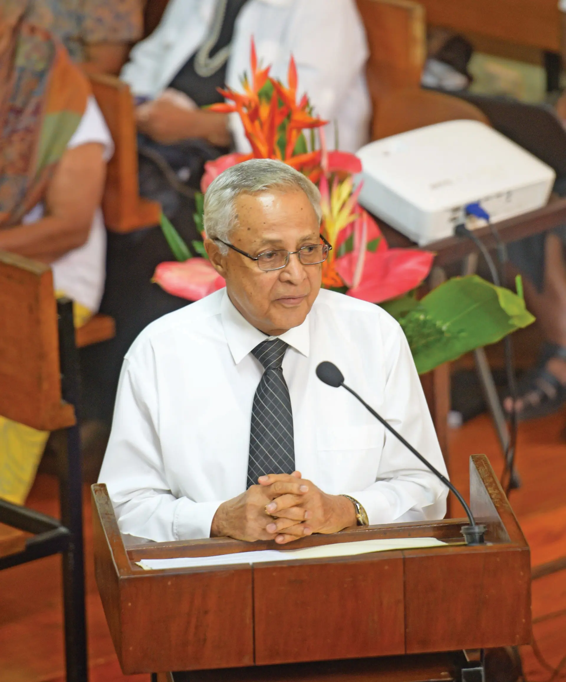 Fiji Labour Party leader Mahendra Chaudhry while speaking at Party President Lavinia Padarath’s funeral service at Wesley City Mission Church on July 18, 2019. Photo: Ronald Kumar