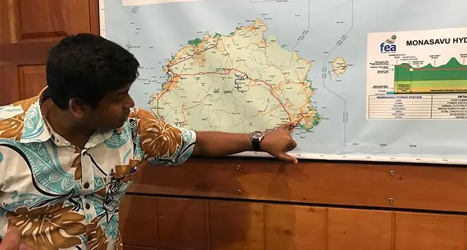 Fiji Electricity Authority executive projects and public relations manager Karunesh Rao indicates the Nakobalevu Tower on the map where the maintenance works will be carried out this weekend.    Photo: Ashna Kumar