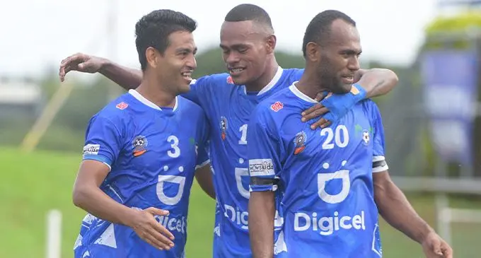 Hyperchem Pharmacy Lautoka players (from left) Zibraaz Sahib, Sairusi Nalaubu and Sakaraia Naisua after their 2-1 win over Extra Supermarket Labasa in today’s Digicel Fiji FACT semifinal at the HFC Bank Stadium, Suva. Photo: Ronald Kumar 