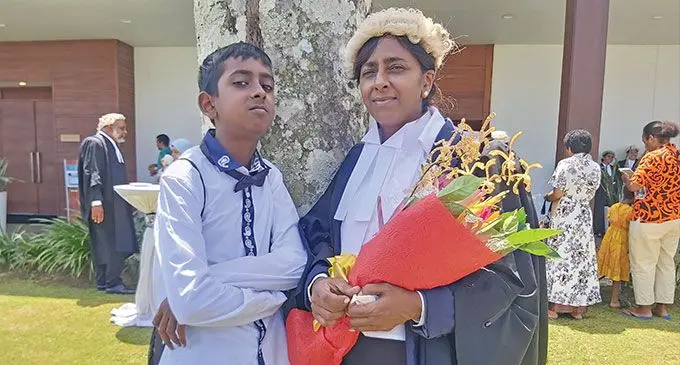 Newly admitted lawyer Geeta Praveen and her son Zimal Chandra at the Grand Pacific Hotel in Suva on March 17, 2023. Photo: Ashna Kumar