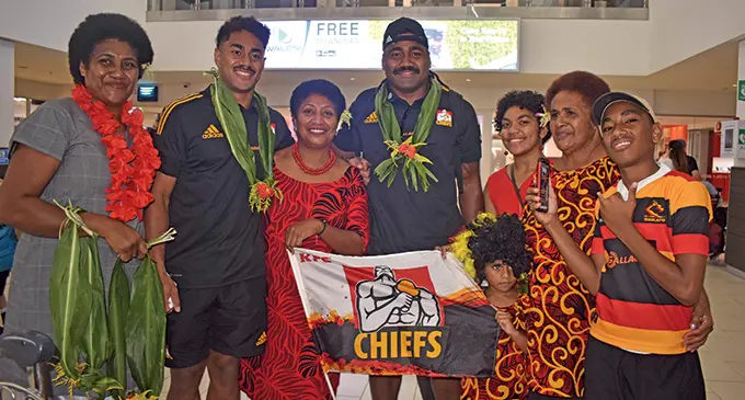 Pita Gus Sowakula (forth from left), with his mother Anaseini Sowakula (first from left), Emoni Narawa (second from left), Sowakula’s adopted mother Lavenia Adikovea (second from right), and other family members at Nadi International Airport on May 36, 2022. Photo: Mereleki Nai