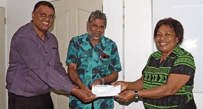 From left: Carpenters Finance deputy general manager Afraz Khan, Carpenters Fiji Limited director retail and marketing Kuna Sabaratnam and Maria Kinikinilala on April 20, 2021. Photo: Ronald Kumar