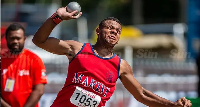 Timoci Nagusa Jnr during his golden shot put throw in the Coca Cola Games earlier this year. Photo: Leon Lord