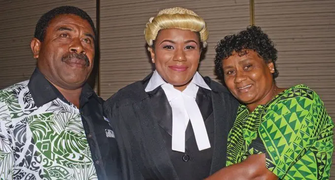 Mererai Vatege, 24, with parents Samisoni Qaqa and Lusiana Aseri after her admission to the bar on February 1, 2019. Photo: Sheenam Chandra