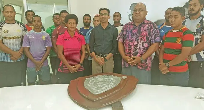 Digicel chief executive officer Farid Mohammed (front, fourth from left) with Suva Rugby Union president Humphrey Tawake at the Digicel headquarters in Nabua, Suva, on March 11, 2021.  Photo: Simione Haravanua 